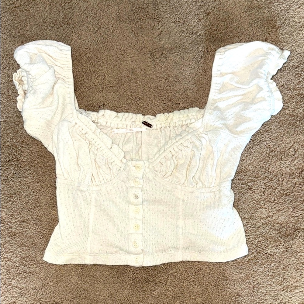Free People White Smocked Puff Sleeve Blouse